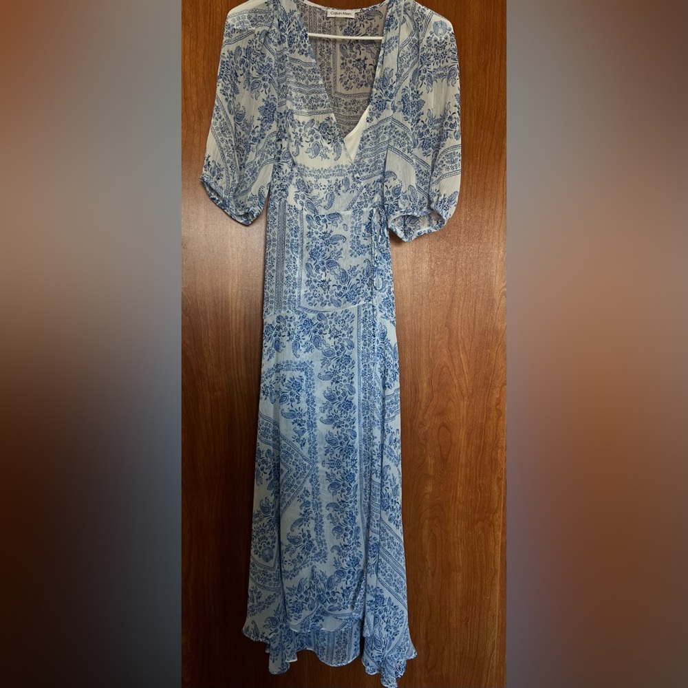 Long white and blue floral Calvin Klein dress